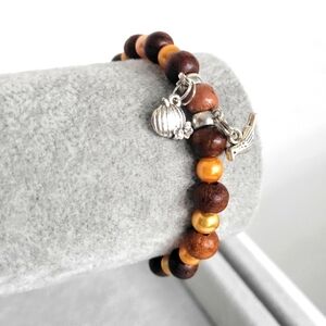 Autumn Glass Wood Beaded Pumpkin Bird Charm Bracelet